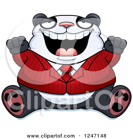 Clipart of a Fat Business Panda Sitting and Cheering - Royalty Free Vector Illustration by Cory Thoman