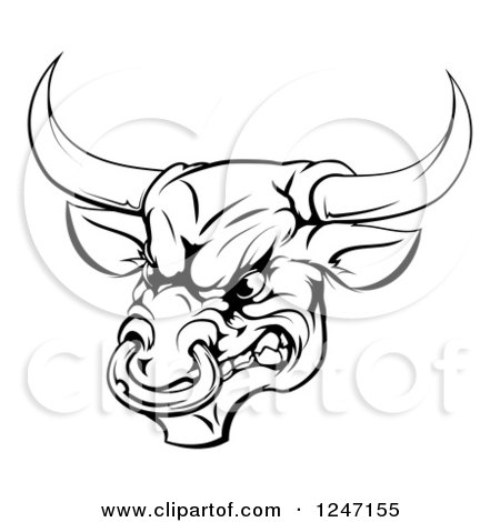 Clipart of a Black and White Aggressive Snarling Bull - Royalty Free Vector Illustration by AtStockIllustration
