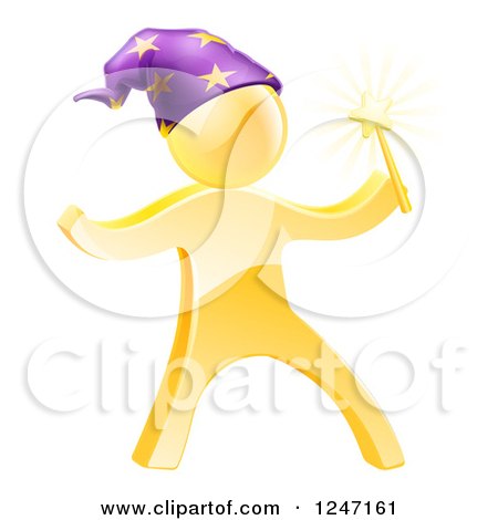 Clipart of a 3d Gold Wizard Man with a Magic Wand and Hat - Royalty Free Vector Illustration by AtStockIllustration