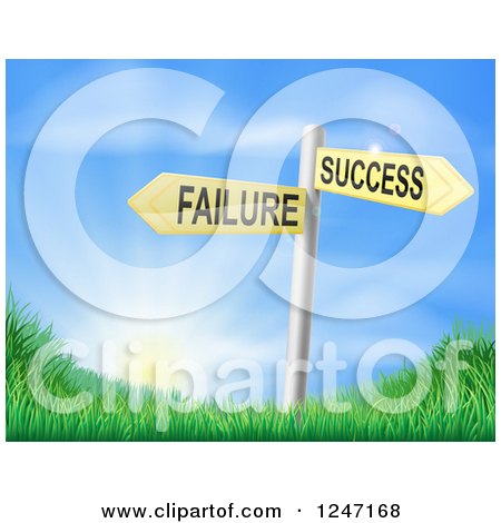 Clipart of 3d Failure or Success Arrow Signs over Hills and a Sunrise - Royalty Free Vector Illustration by AtStockIllustration