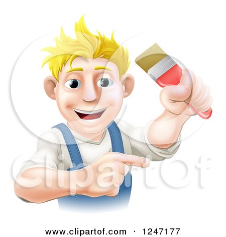 Clipart of a Happy Blond Male Painter Holding up and a Brush and Pointing - Royalty Free Vector Illustration by AtStockIllustration
