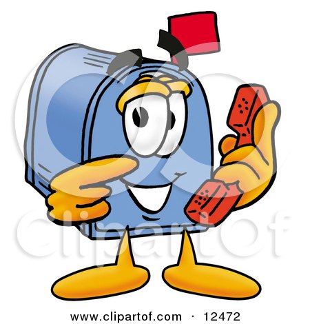 Clipart Picture of a Blue Postal Mailbox Cartoon Character Holding a Telephone by Mascot Junction