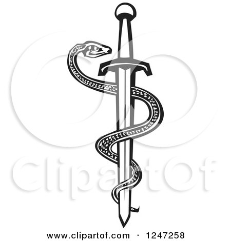 Clipart of a Black and White Woodcut Medical Sword with an Entwined Snake - Royalty Free Vector Illustration by xunantunich