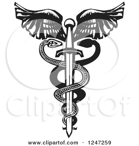 Clipart of a Black and White Woodcut Double Snake Caduceus with a Winged Sword - Royalty Free Vector Illustration by xunantunich