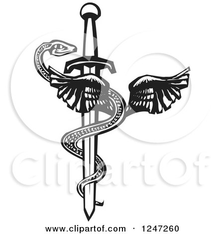 Clipart of a Black and White Woodcut Mayan Plumed Winged Serpent on the Rod of Aesculapius Sword - Royalty Free Vector Illustration by xunantunich
