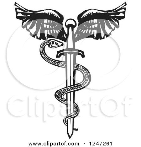 Clipart of a Black and White Woodcut Snake on a Winged Sword - Royalty Free Vector Illustration by xunantunich