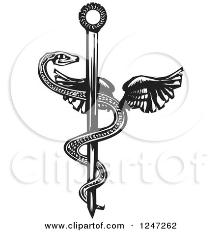 Clipart of a Black and White Woodcut Mayan Plumed Winged Snake on the Rod of Aesculapius - Royalty Free Vector Illustration by xunantunich