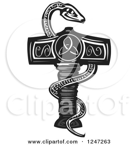 Clipart of a Black and White Woodcut Snake on Thor's Hammer - Royalty Free Vector Illustration by xunantunich