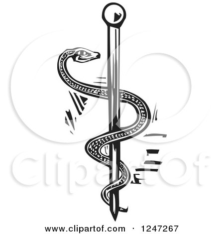 Clipart of a Black and White Woodcut Snake and Rod of Aesculapius - Royalty Free Vector Illustration by xunantunich