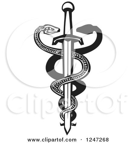 Clipart of a Black and White Woodcut Medical Sword with Two Entwined Snakes - Royalty Free Vector Illustration by xunantunich