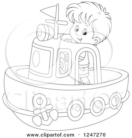 Clipart of a Black and White Boy Steering a Boat - Royalty Free Vector Illustration by Alex Bannykh
