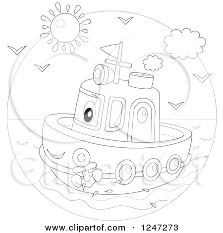 Clipart of a Black and White Happy Tug Boat at Sea - Royalty Free Vector Illustration by Alex Bannykh