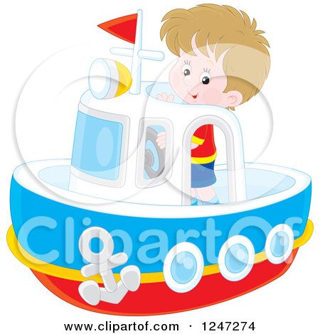 Clipart of a Caucasian Boy Steering a Boat - Royalty Free Vector Illustration by Alex Bannykh