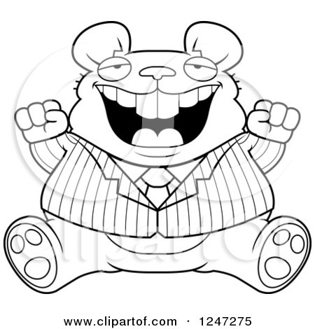 Clipart of a Black and White Fat Business Mouse Sitting and Cheering - Royalty Free Vector Illustration by Cory Thoman