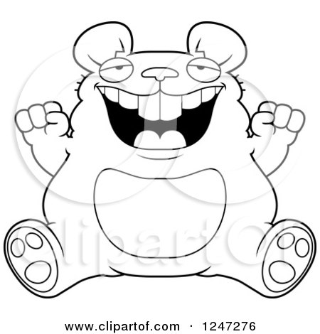 Clipart of a Black and White Fat Mouse Sitting and Cheering - Royalty Free Vector Illustration by Cory Thoman