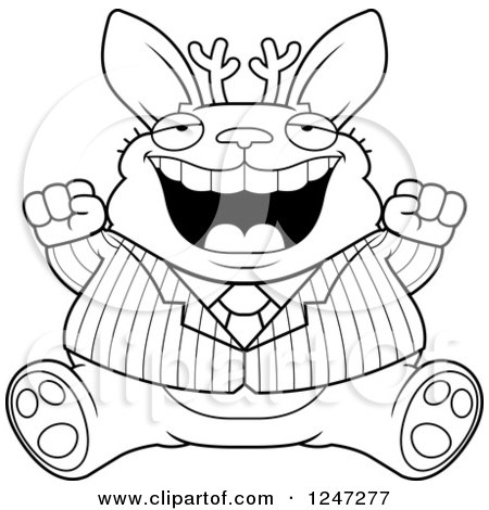 Clipart of a Black and White Fat Business Jackalope Sitting and Cheering - Royalty Free Vector Illustration by Cory Thoman