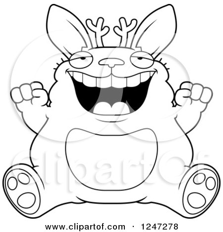 Clipart of a Black and White Fat Jackalope Sitting and Cheering - Royalty Free Vector Illustration by Cory Thoman