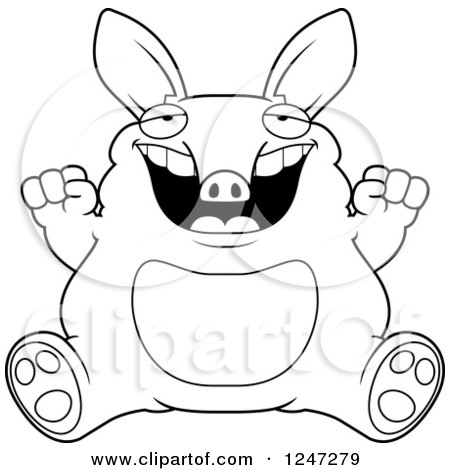 Clipart of a Black and White Fat Aardvark Sitting and Cheering - Royalty Free Vector Illustration by Cory Thoman