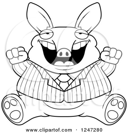 Clipart of a Black and White Fat Business Aardvark Sitting and Cheering - Royalty Free Vector Illustration by Cory Thoman