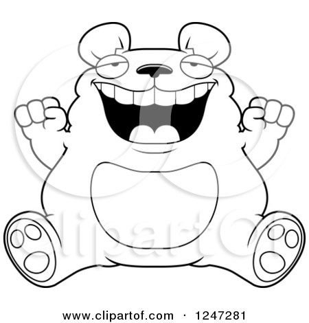 Clipart of a Black and White Fat Bear Sitting and Cheering - Royalty Free Vector Illustration by Cory Thoman