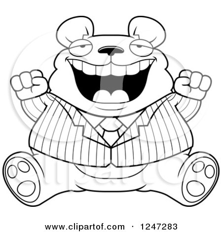 Clipart of a Black and White Fat Business Bear Sitting and Cheering - Royalty Free Vector Illustration by Cory Thoman