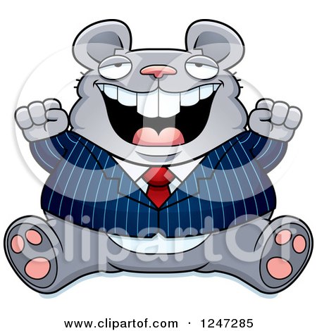 Clipart of a Fat Business Mouse Sitting and Cheering - Royalty Free Vector Illustration by Cory Thoman
