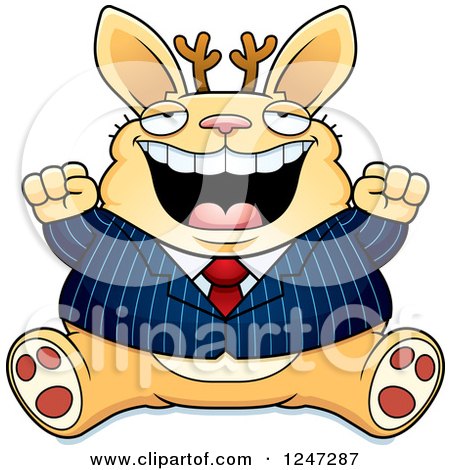 Clipart of a Fat Business Jackalope Sitting and Cheering - Royalty Free Vector Illustration by Cory Thoman