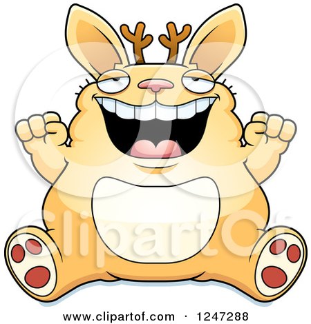 Clipart of a Fat Jackalope Sitting and Cheering - Royalty Free Vector Illustration by Cory Thoman