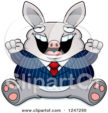 Clipart of a Fat Business Aardvark Sitting and Cheering - Royalty Free Vector Illustration by Cory Thoman
