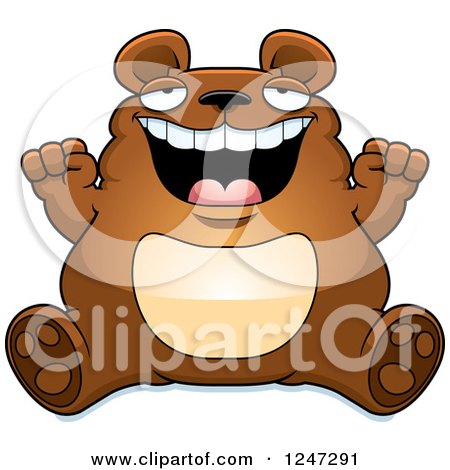 Clipart of a Fat Bear Sitting and Cheering - Royalty Free Vector Illustration by Cory Thoman