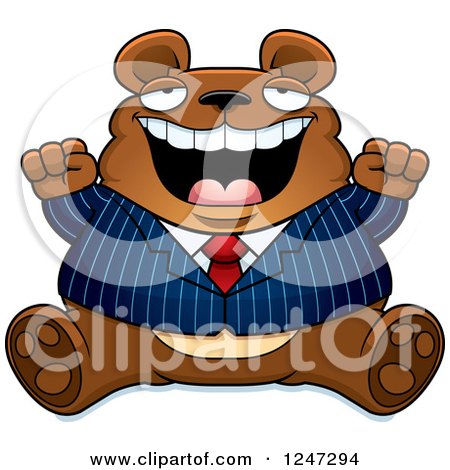 Clipart of a Fat Business Bear Sitting and Cheering - Royalty Free Vector Illustration by Cory Thoman