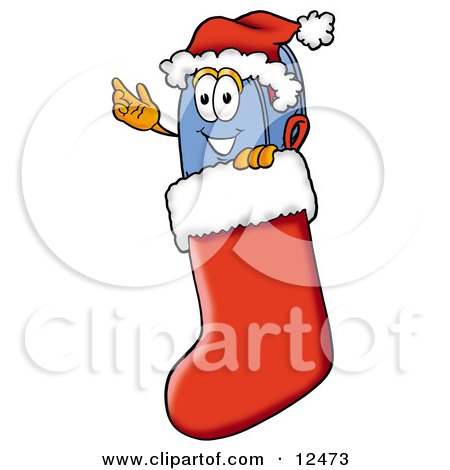 Clipart Picture of a Blue Postal Mailbox Cartoon Character Wearing a Santa Hat Inside a Red Christmas Stocking by Mascot Junction