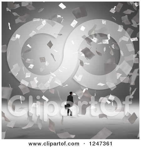 Clipart of a 3d Businessman and Flying Papers - Royalty Free Illustration by Mopic