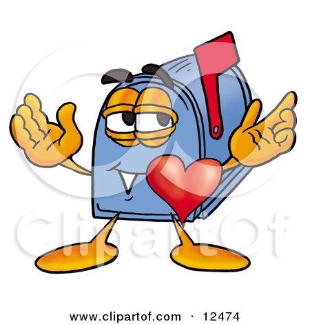 Clipart Picture of a Blue Postal Mailbox Cartoon Character With His Heart Beating Out of His Chest by Mascot Junction
