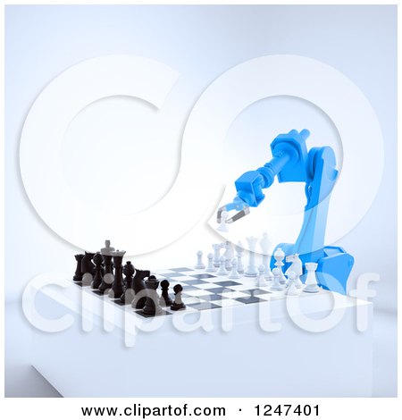 Clipart of a 3d Blue Robotic Arm Playing Chess - Royalty Free Illustration by Mopic