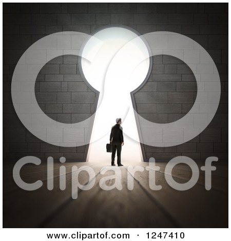 Clipart of a 3d Businessman at a Key Hole with Bright Light - Royalty Free Illustration by Mopic