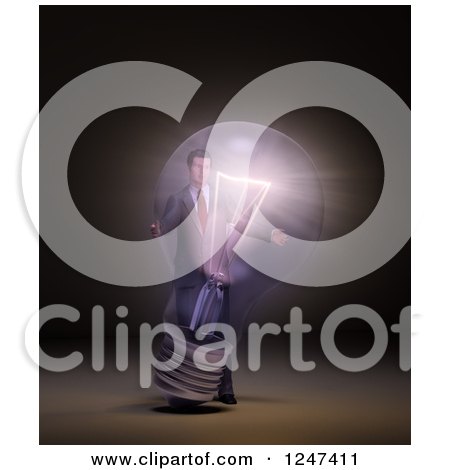 Clipart of a 3d Businessman Holding a Giant Light Bulb - Royalty Free Illustration by Mopic