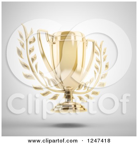 Clipart of a 3d Golden Trophy Cup and Laurel Floating - Royalty Free Illustration by Mopic