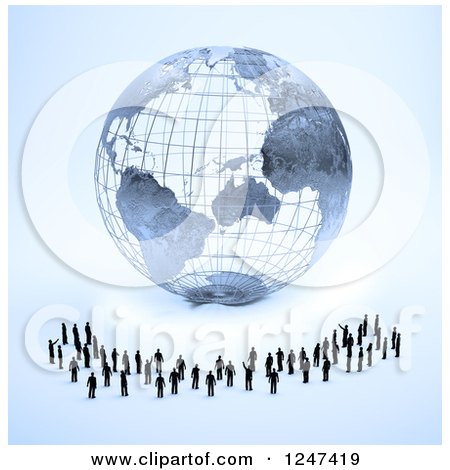 Clipart of a 3d Wire Earth Globe and Tiny Business Men - Royalty Free Illustration by Mopic