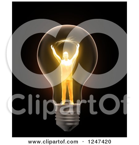 Clipart of a 3d Glowing Gold Man in a Light Bulb - Royalty Free Illustration by Mopic