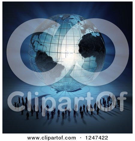 Clipart of a 3d Glowing Wire Earth Globe and Tiny Business Men - Royalty Free Illustration by Mopic