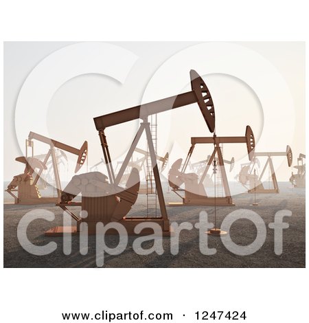 Clipart of a 3d Landscape of Oil Rigs - Royalty Free Illustration by Mopic