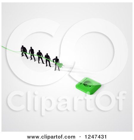 Clipart of a 3d Team of Tiny Men Trying to Plug in a Green Power Cord - Royalty Free Illustration by Mopic