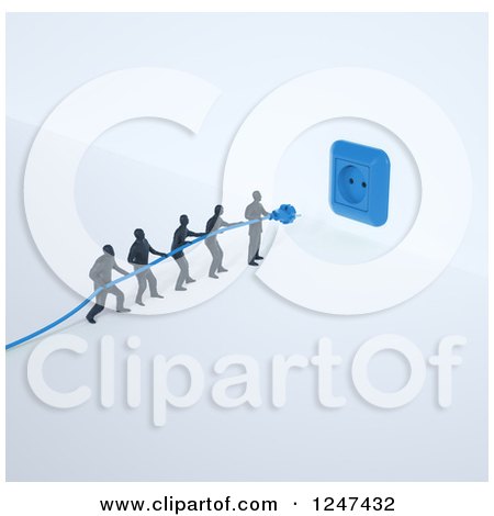 Clipart of a 3d Team of Tiny Men Trying to Plug in a Blue Power Cord - Royalty Free Illustration by Mopic
