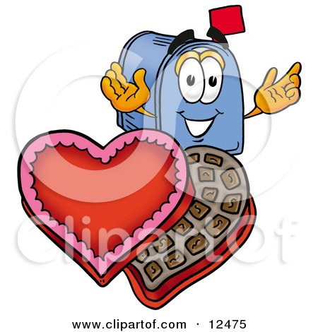 Clipart Picture of a Blue Postal Mailbox Cartoon Character With an Open Box of Valentines Day Chocolate Candies by Mascot Junction