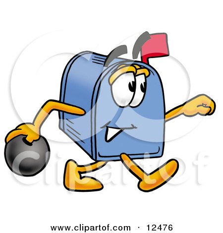 Clipart Picture of a Blue Postal Mailbox Cartoon Character Holding a Bowling Ball by Mascot Junction