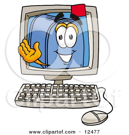 Clipart Picture of a Blue Postal Mailbox Cartoon Character Waving From Inside a Computer Screen by Mascot Junction