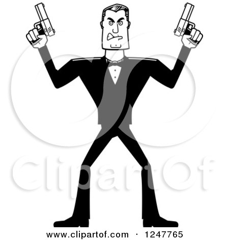 Clipart of a Black and White Male Spy Holding up Two Pistols - Royalty Free Vector Illustration by Cory Thoman