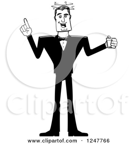 Clipart of a Black and White Drunk Male Spy or Groom Holding Alcohol - Royalty Free Vector Illustration by Cory Thoman