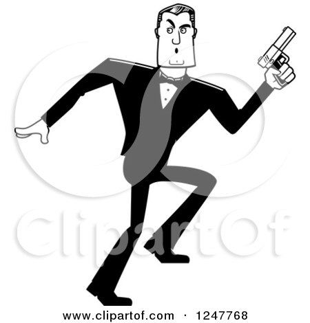 Clipart of a Black and White Sneaky Male Spy Holding up a Pistol - Royalty Free Vector Illustration by Cory Thoman